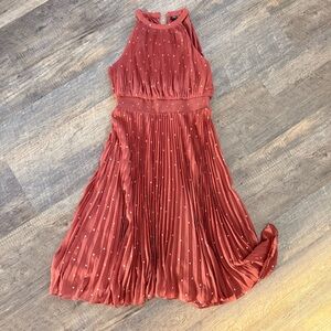 City Chic Terracotta Pleated Dress with White Polka Dots